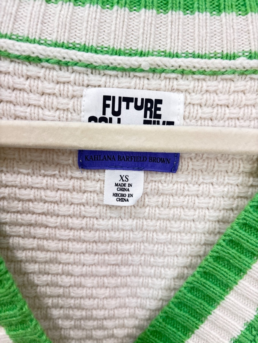 Future Collective x Kahlana Barfield Brown Varsity Cardigan XS Cream Green - Picture 3 of 4